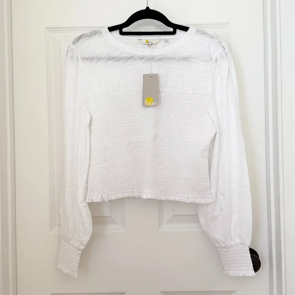 Boden Womens White Smocked Bodice Cotton Puff Sleeve Cropped Top Size 10